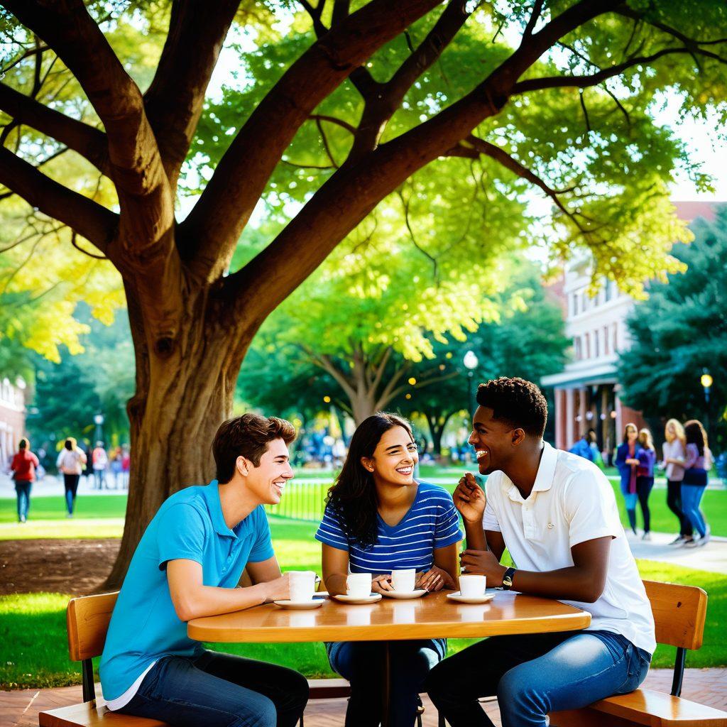 A vibrant college campus scene where diverse students interact, some chatting and laughing under a tree, others in a deep conversation at a cozy coffee shop. In the foreground, a couple on a date look happy and connected while another pair is exchanging numbers. Include a mix of casual and sincere moments that capture the essence of budding relationships. Digital painting. bright and warm colors.