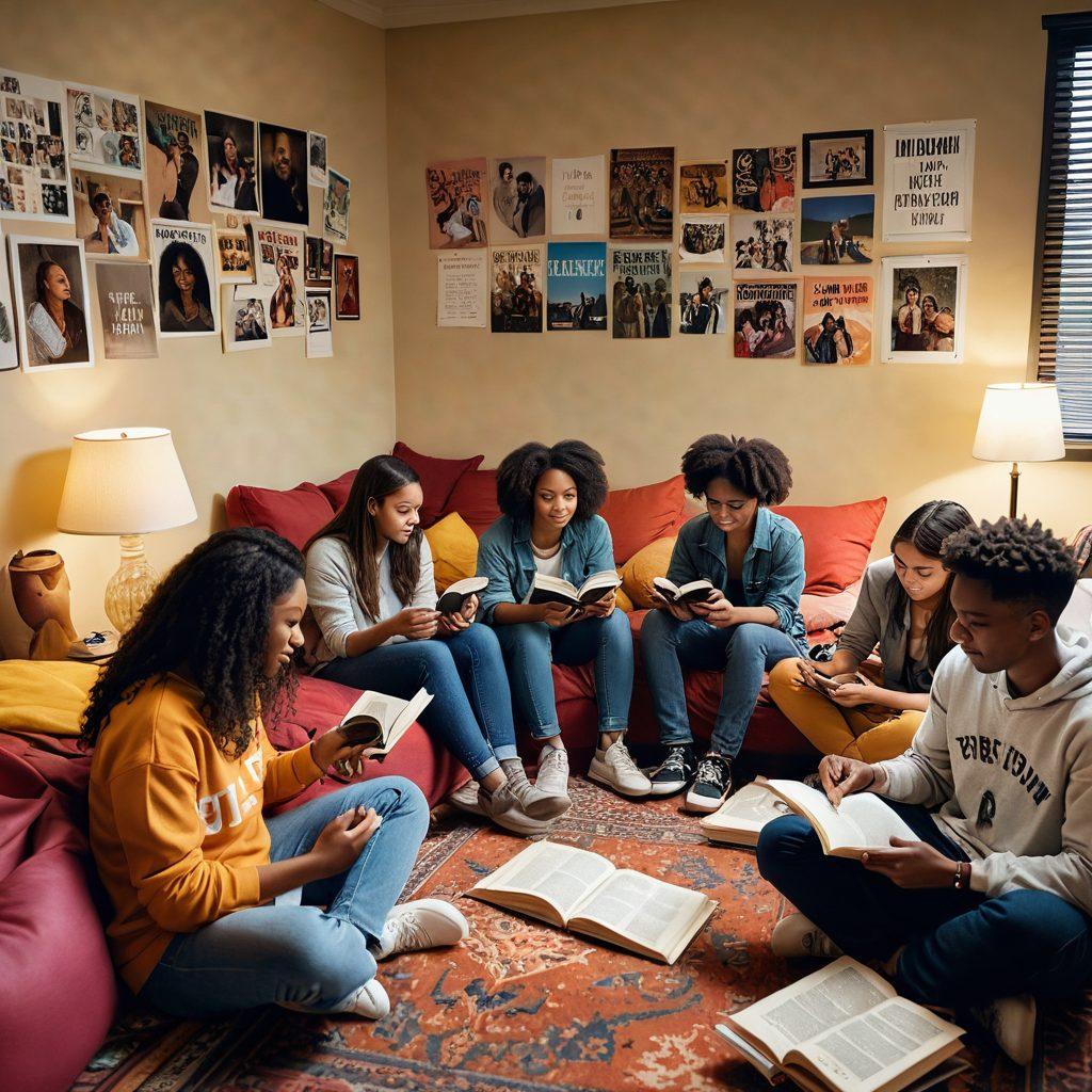 A diverse group of college students, gathered in a cozy dorm room, engaging in heartfelt conversations about relationships. Some are holding books titled 'Trust' and 'Communication,' while others are using phones showcasing apps for safety and consent. The atmosphere is warm and inviting, with posters on the wall promoting love and respect. vibrant colors. super-realistic.